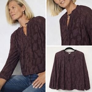 J. Jill Plum Floral Jacquard Blouse Petite Small Pleated Neck Lightweight Boho